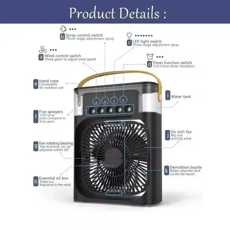 Portable Air Cooler and Humidifier with 500mL Water Tank – Quiet Mist Spray Fan for Home, Office, Car, Camping and Indoor Use (Random Color).